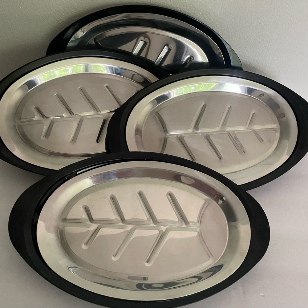 VTG Set of Silver and Black Oval Aluminum Sizzling Platters on Bakelite Base